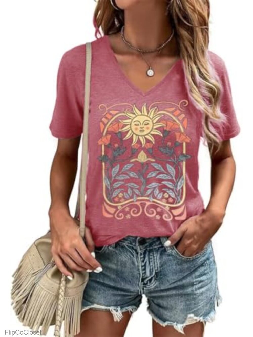 Women's V-Neck Floral Graphic T-Shirt Short Sleeve Loose Fit Summer Casual Top